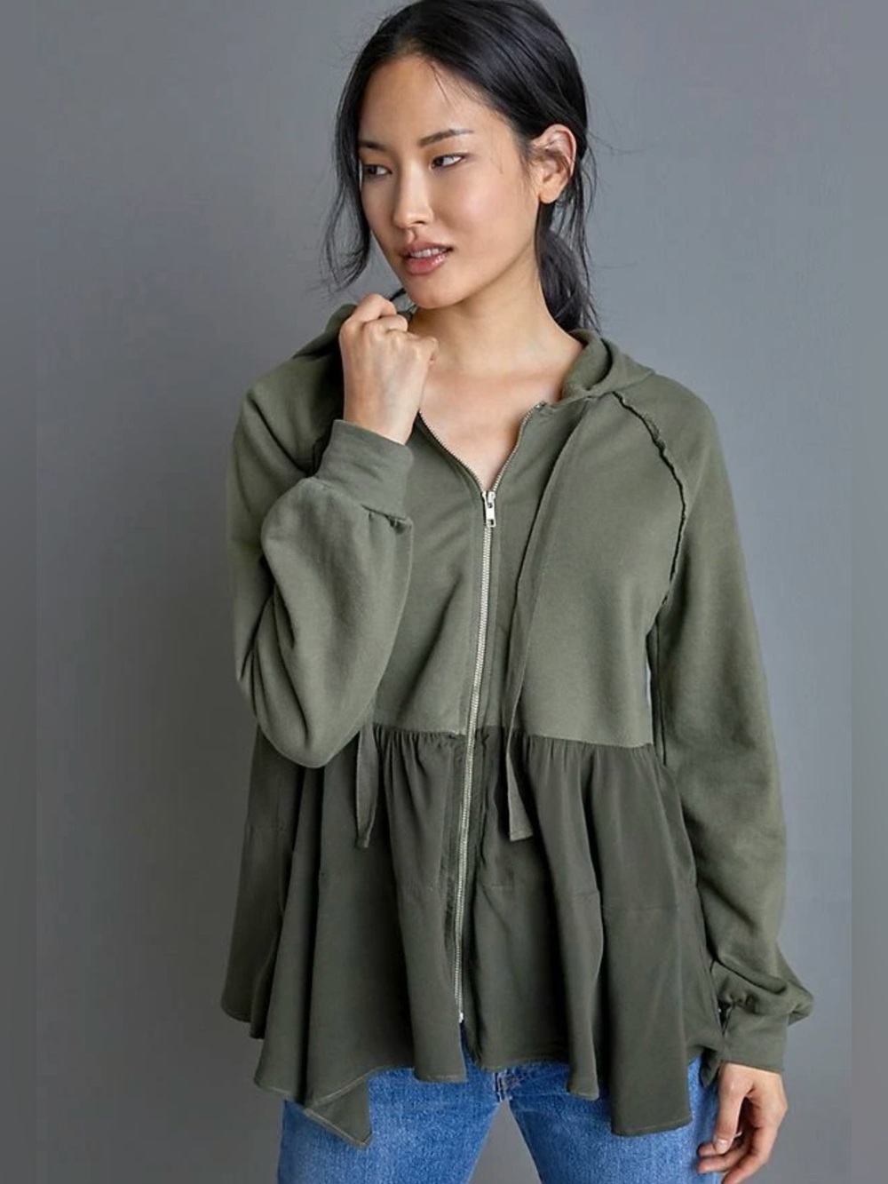 Anthropologie T.La Lavande Moss Green Zip Front Hoodie Tunic Peplum XS Boho
